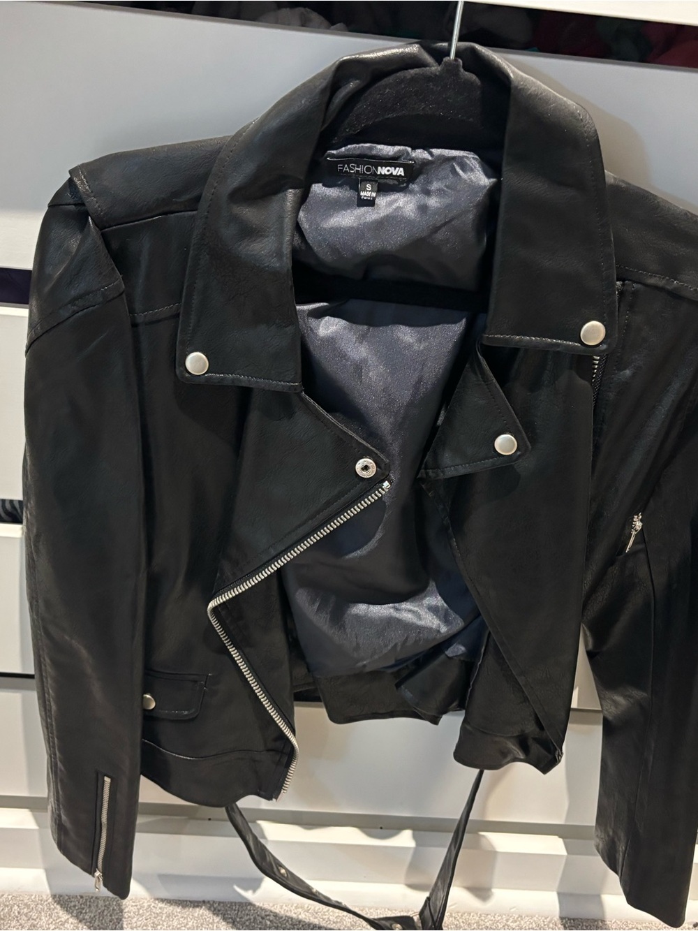 Fashion Nova Black Faux Leather Biker Jacket with Silver Hardware